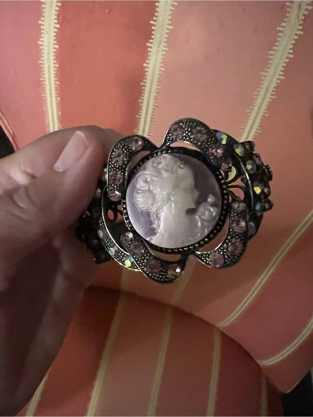 Vintage SDLZ Signed Cameo Clamper Cuff Bracelet Purple AB Rhinestone Victorian